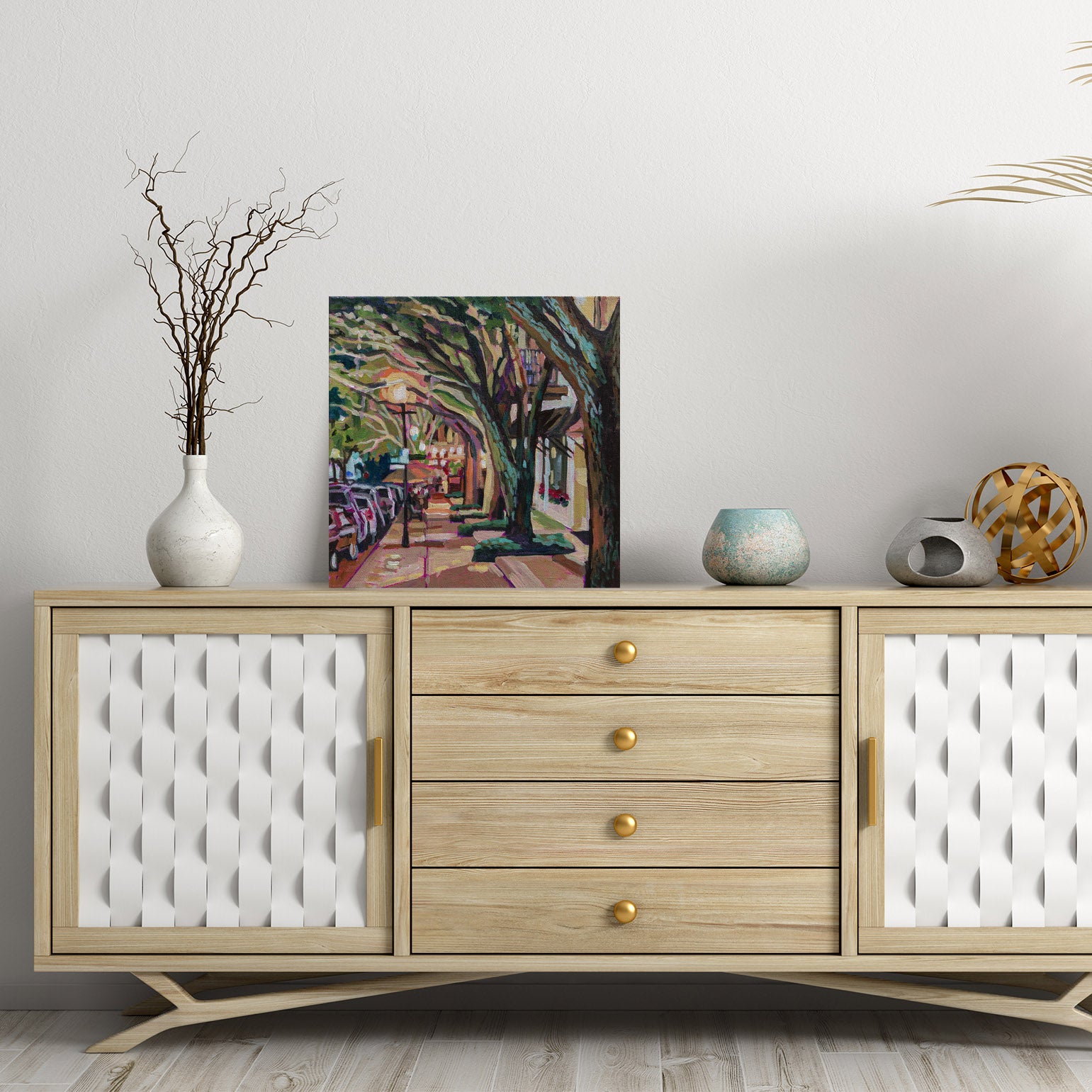 Dresser with painting: 12x12 painting of night scene, dramatic light on treelined street with vibrant colors