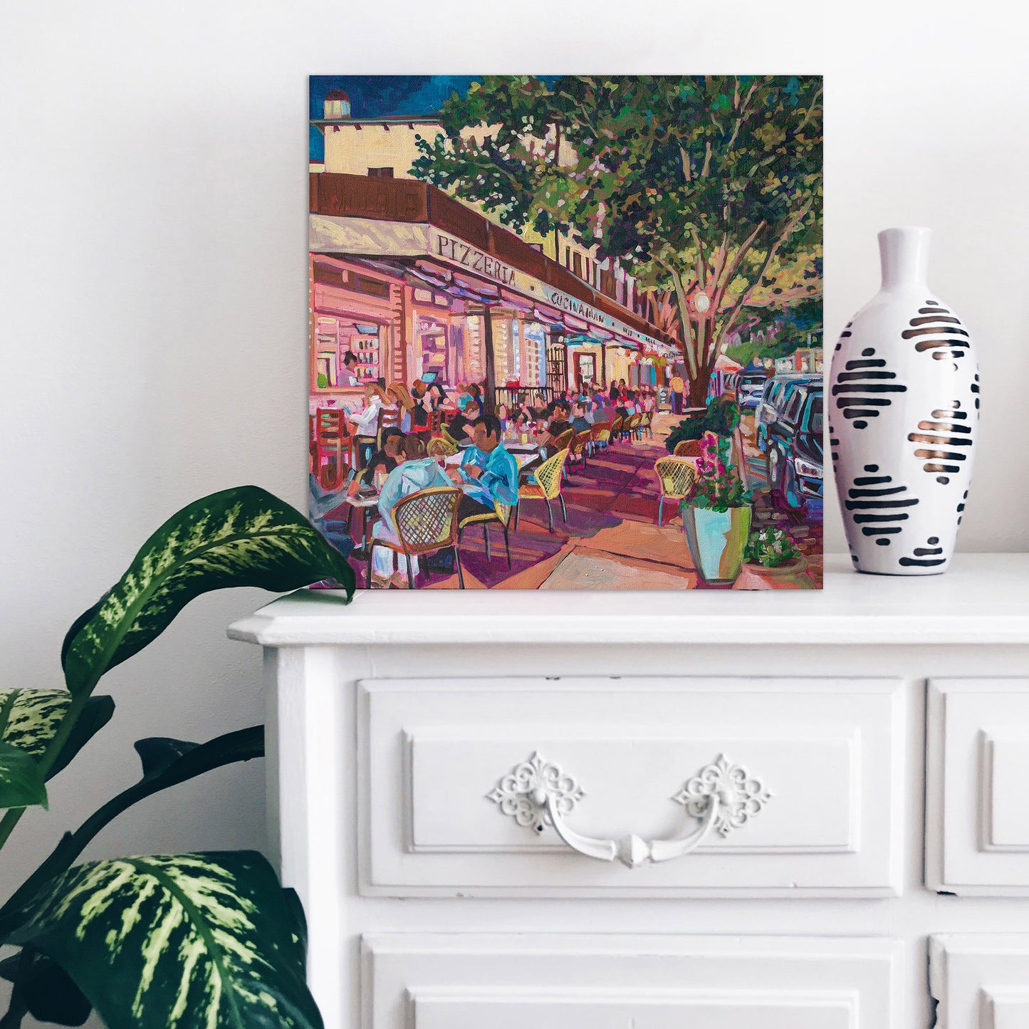 product shot painting on dresser Winter Park Nightlife 7 painting 20x20 inches vibrant street scene outdoor cafe at night