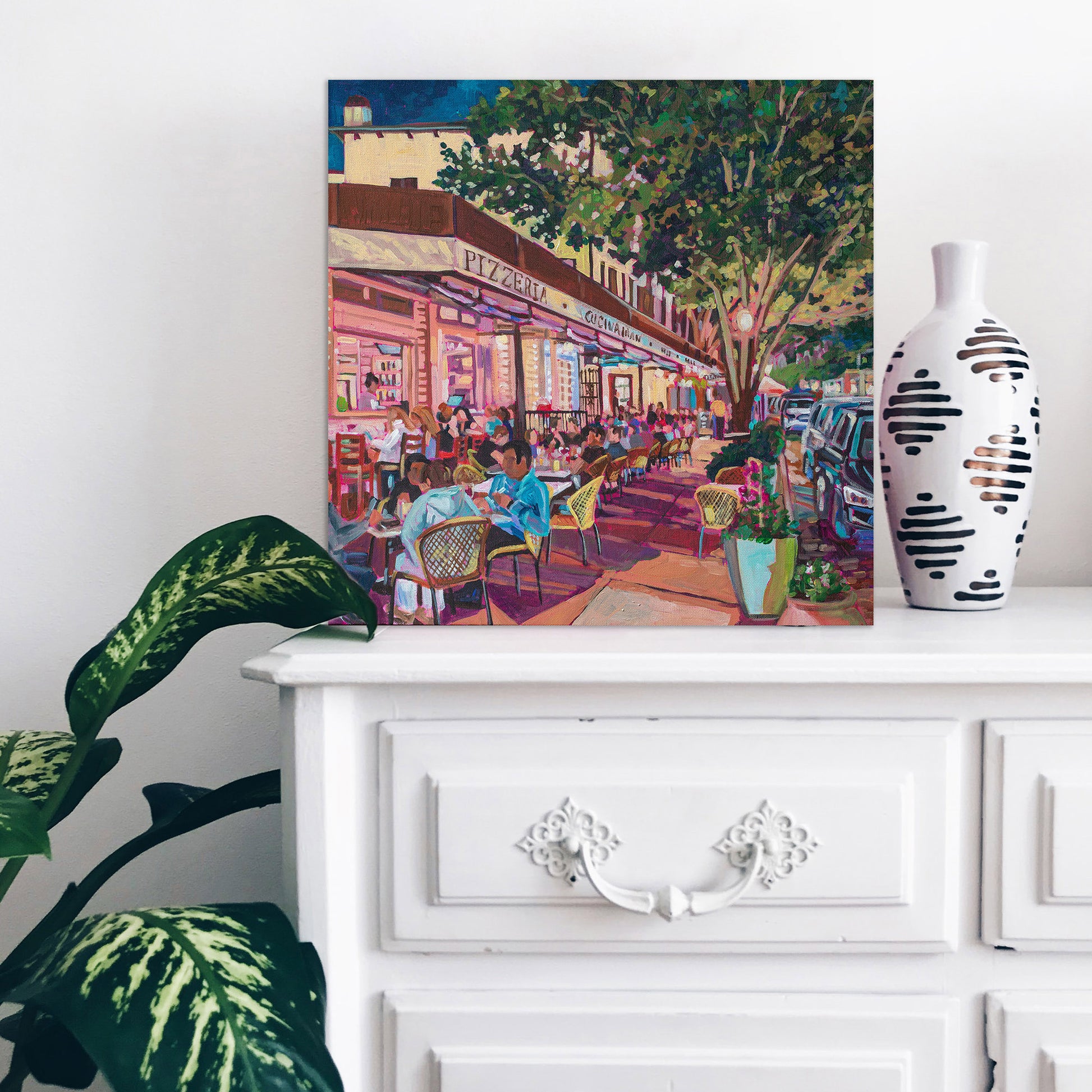 product shot painting on dresser Winter Park Nightlife 7 painting 20x20 inches vibrant street scene outdoor cafe at night