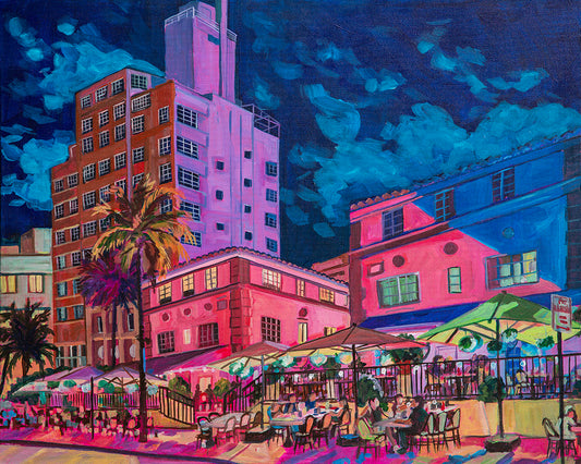 Les Deux Fontaines and the Tides South Beach Condo Miami night life scene with outdoor eating along Ocean ave vibrant painting by Heather Nagy