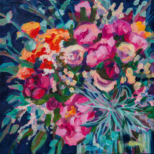 Bright and cheerful floral still life painting in modern impressionist style with pinks, yellows and oranges and greenery in glass vase with navy background.