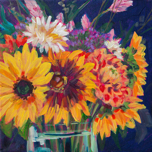 small vibrant floral still life painting done in bright colors, sunflowers and other flowers in glass vase with dramatic navy background in impressionist style by artist Heather nagy