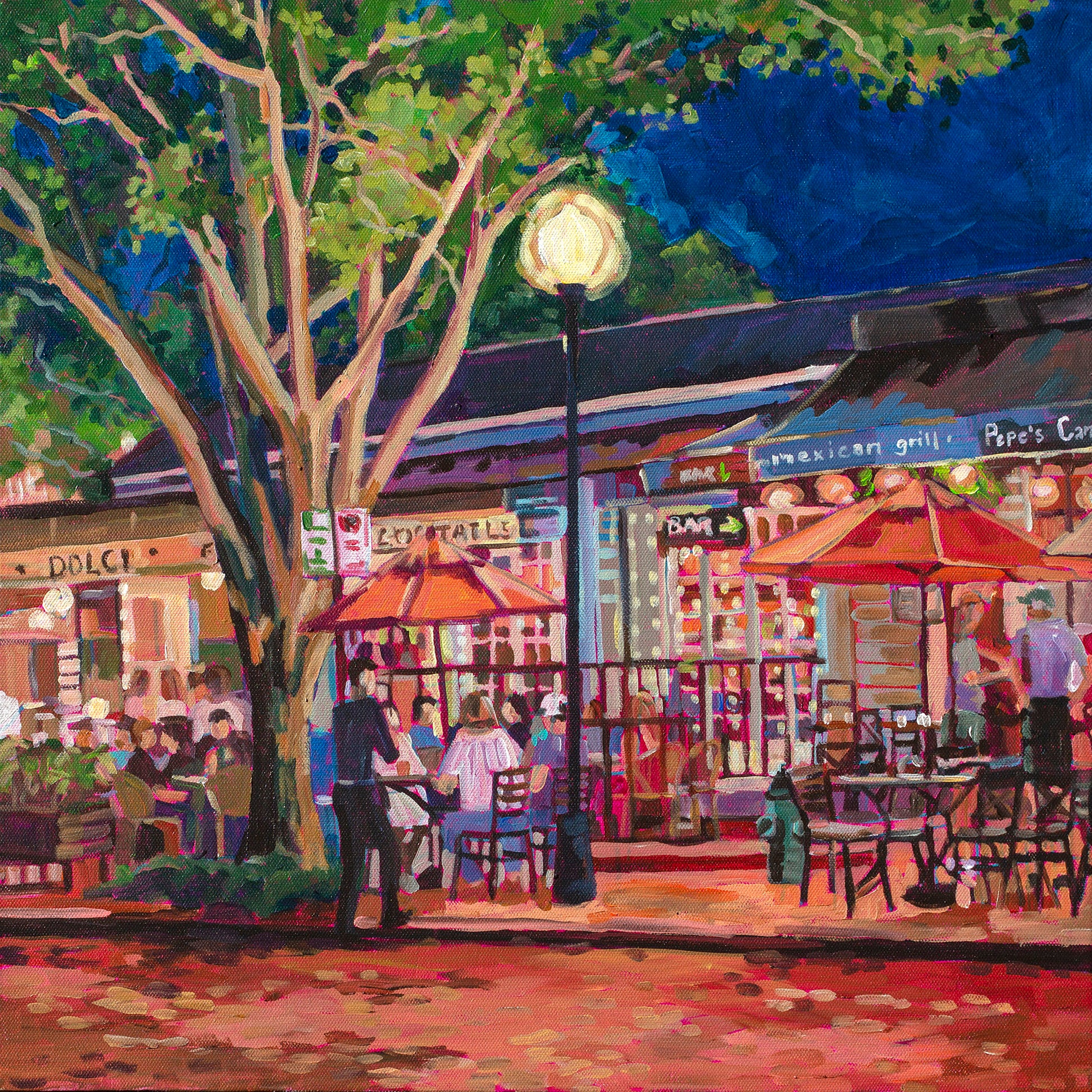 Vibrant nightscene painting of outdoor cafe with tables and trees dramatic lighting, Winter Park Nightlife scene 3, umbrellas and tables and tree