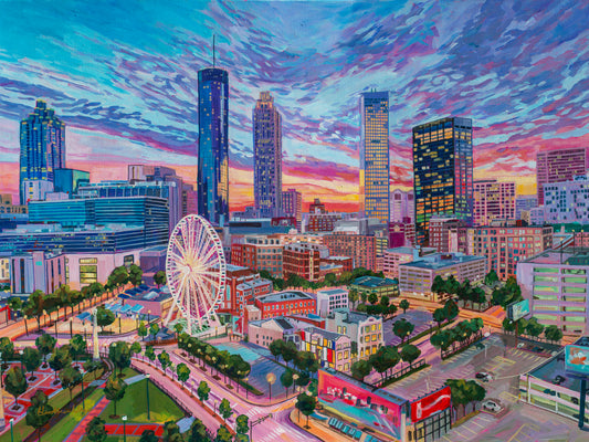An acrylic painting of the Atlanta skyline at sunset, featuring the city's high-rise buildings and a Ferris wheel, with a vibrant pink, purple, and blue sky.