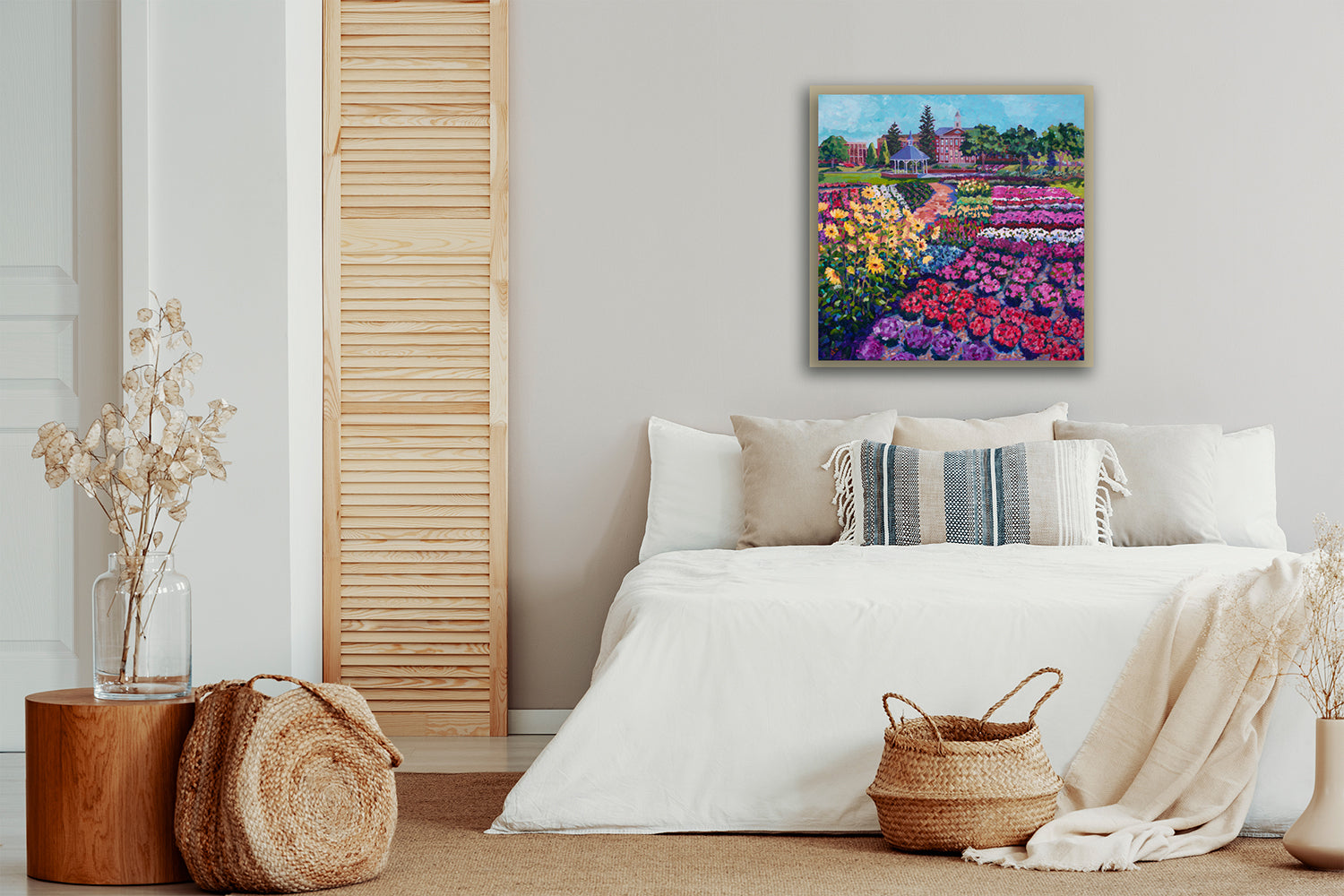 Large flower garden painting in neutral tones bedroom