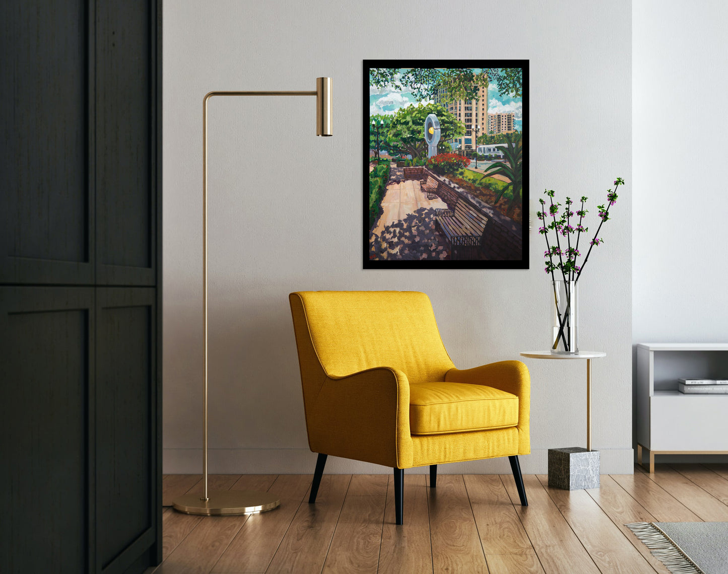 Centered on East Central Orlando Paintings in living room setting with yellow chair
