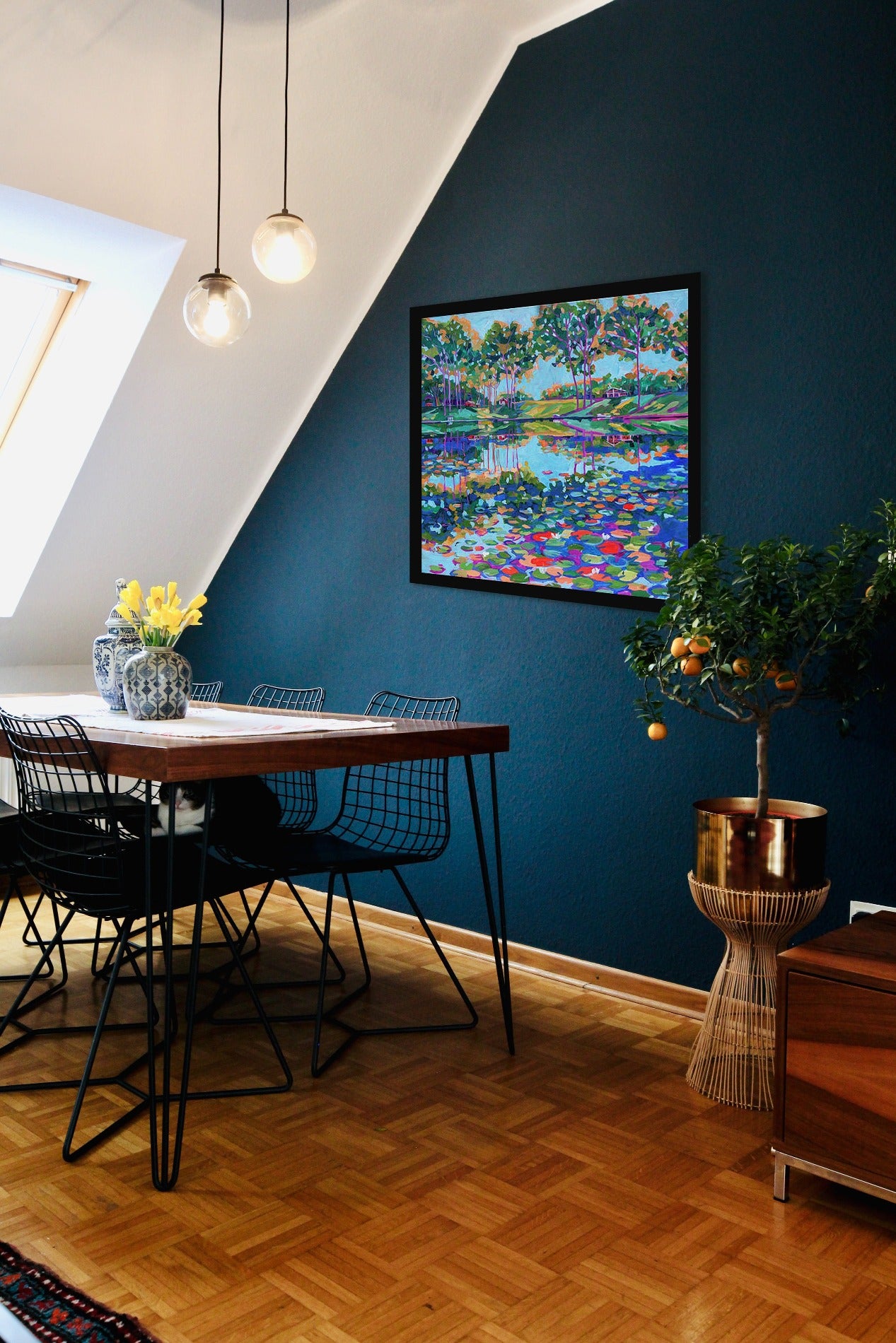 Lily pads on the lake painting in dining room with blue wall
