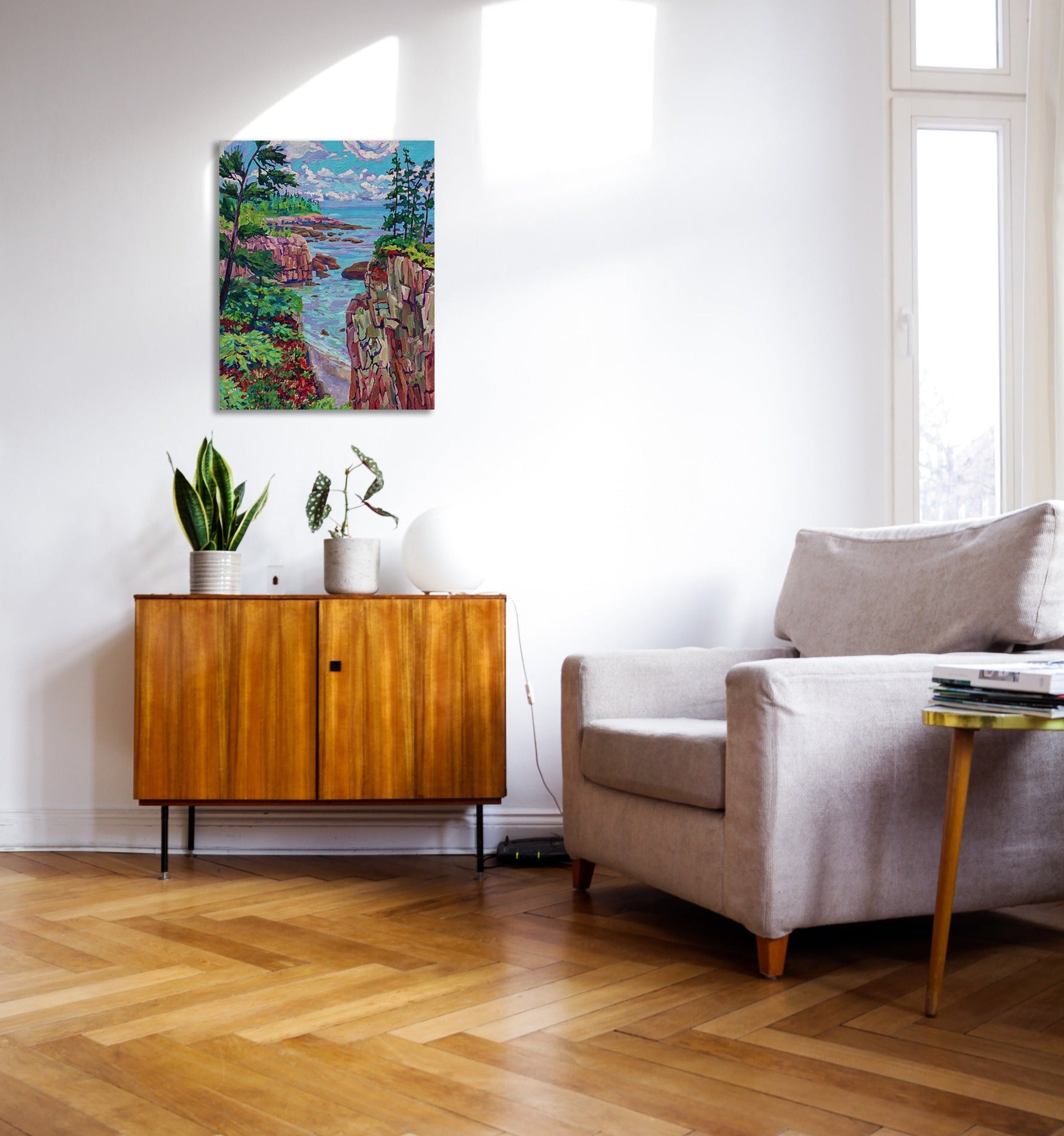 Ravens nest impressionistic painting hung in living room