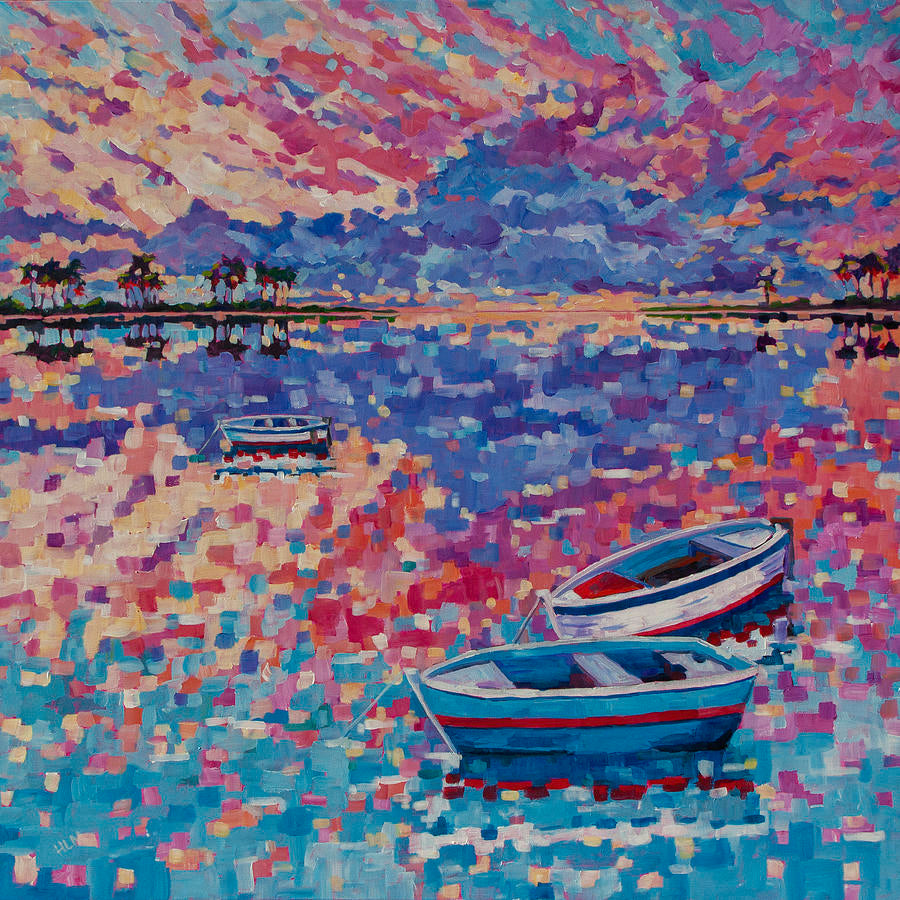 Colorful playful blocky impressionist painting of a sunset over the water with boats