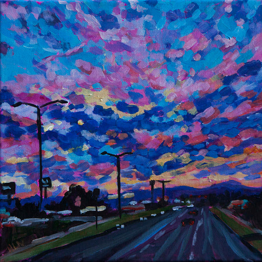 Sunset painting with colorful sky in impressionist style