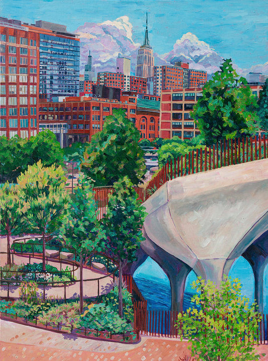 Urban landscape Painting ofLittle Island pier overlooking Chelsea and the Empire State building in New York City