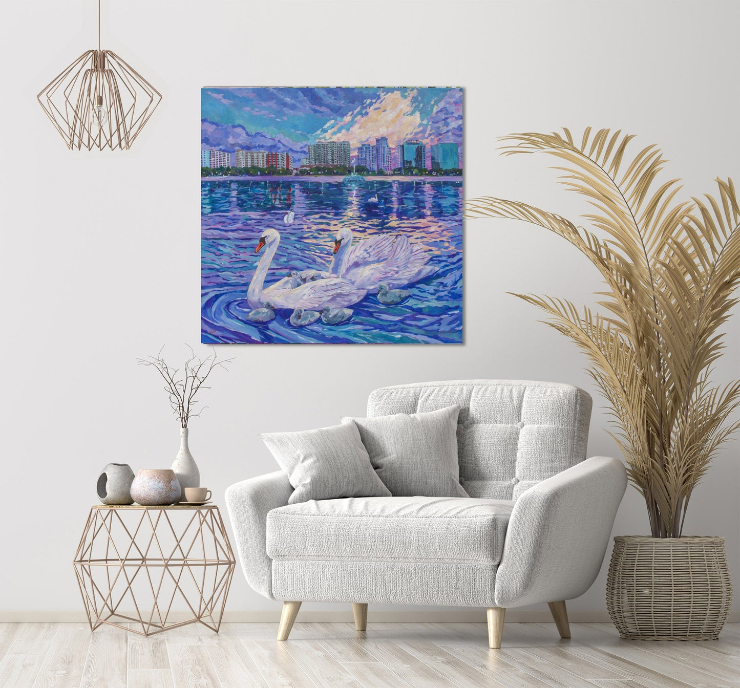 Swan and city skyline painting in living room