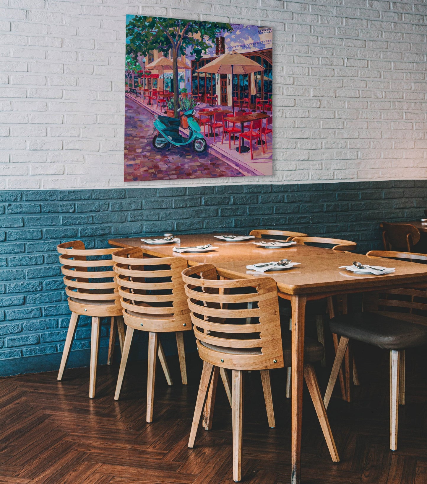 Painting on wall of restuarant: Original vibrant impressionist painting of street scene Winter Park in front of Prato restaurant during covid, so all chairs are empty, also has umbrellas and teal vespa scooter