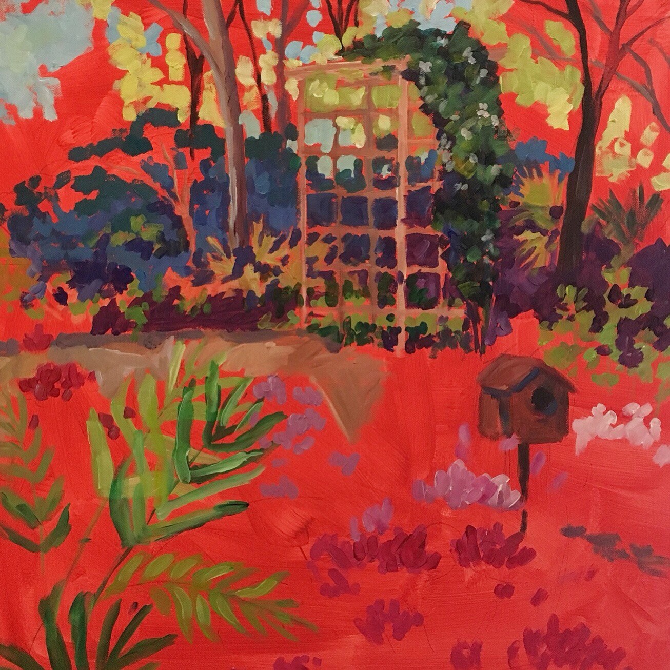 painting in progress showing cadmium red undercoat