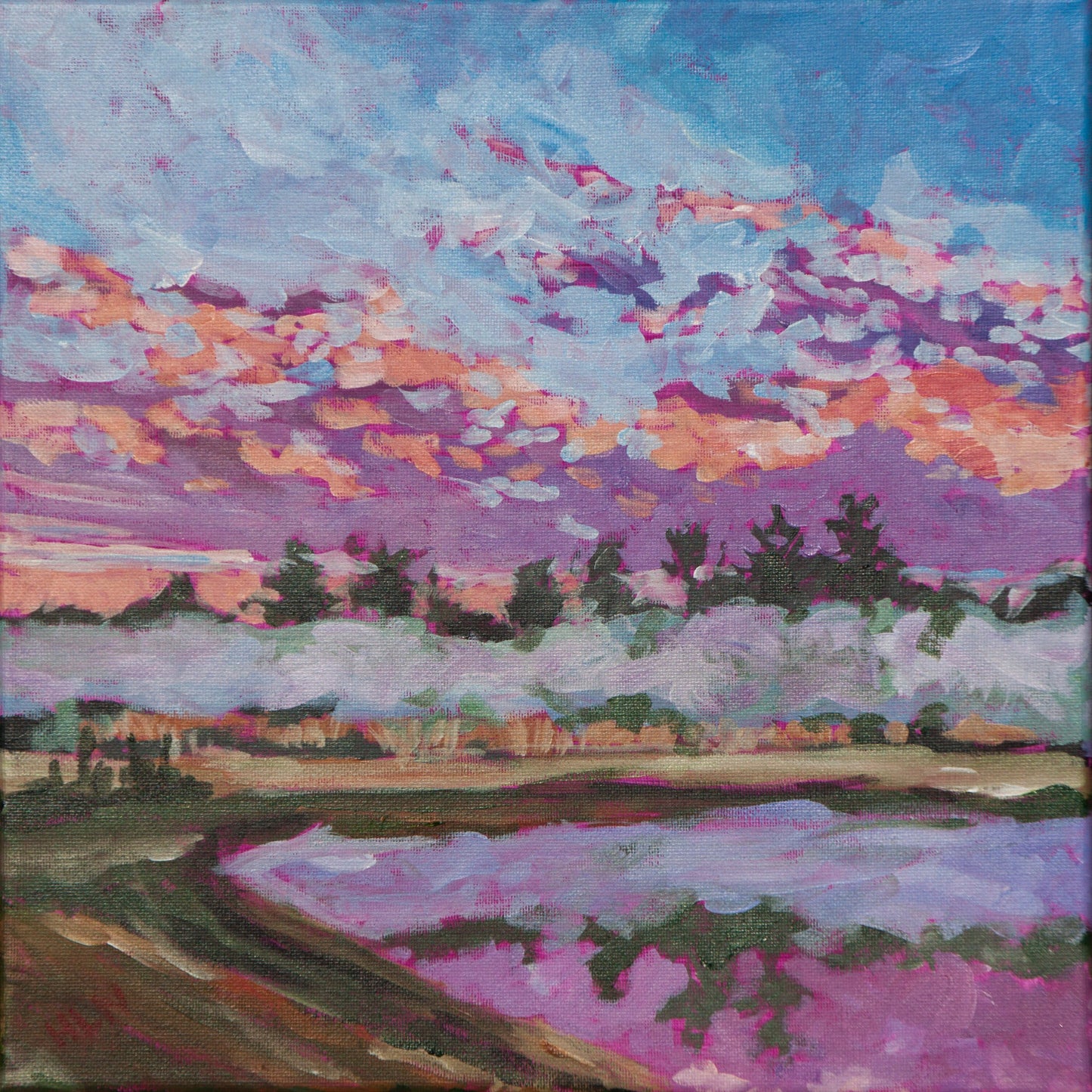 Sunrise painting of colorful clouds and fog