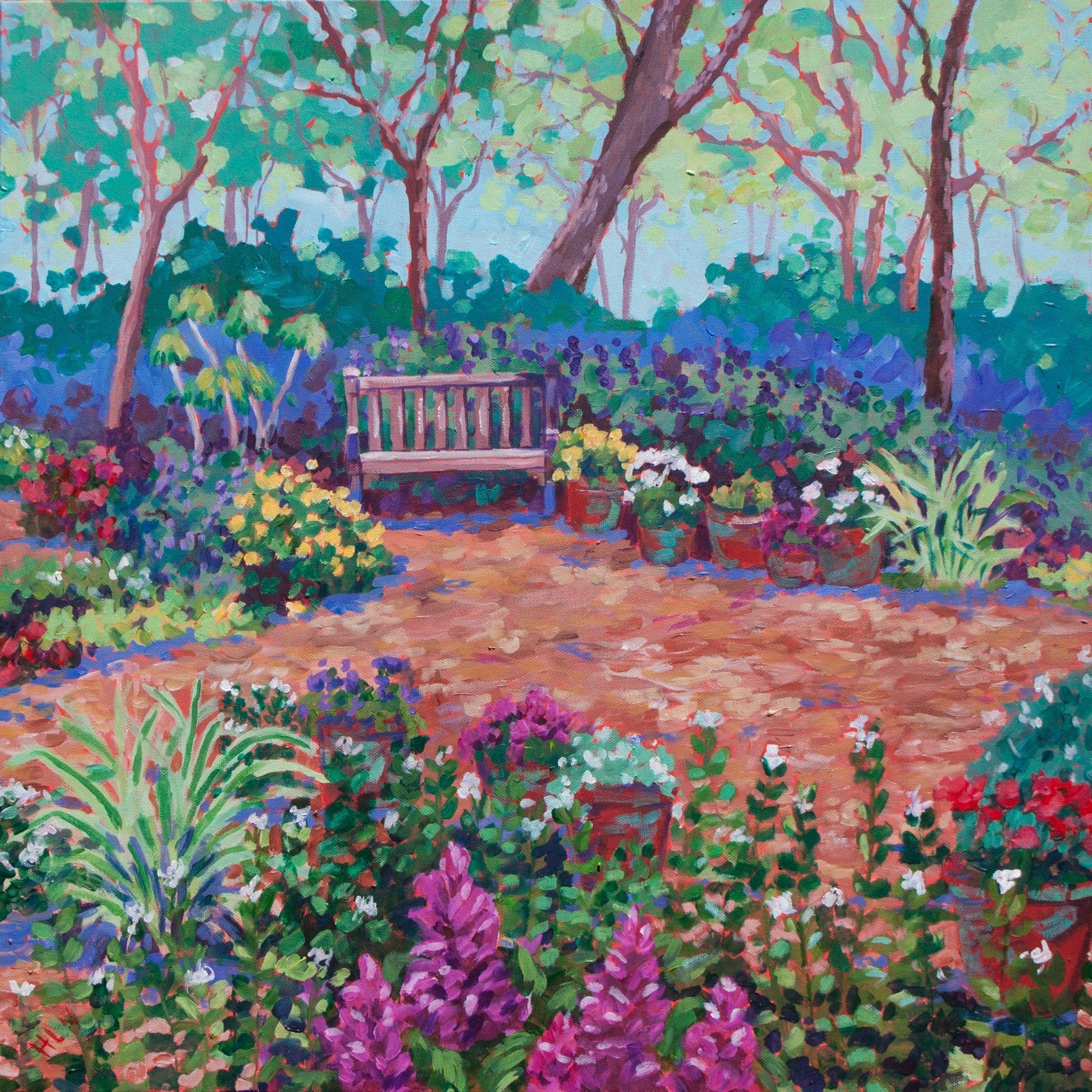 dreamy painting of garden with bench surrounded by flowers inspired by Mead Garden in Winter Park Florida