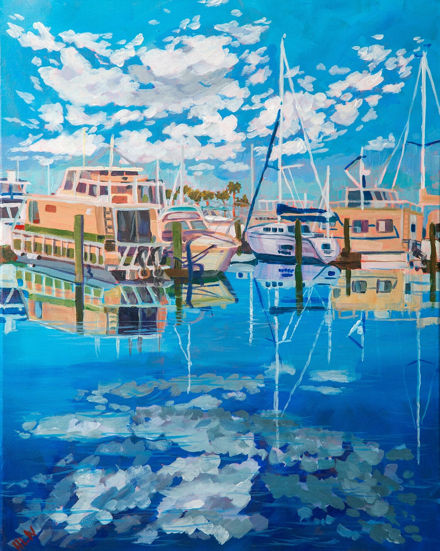 painting of boats docked in marina harbor in Sanford Florida with reflections