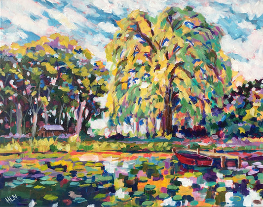 loose impressionist painting of tree lined lake with reflections and boat with dock
