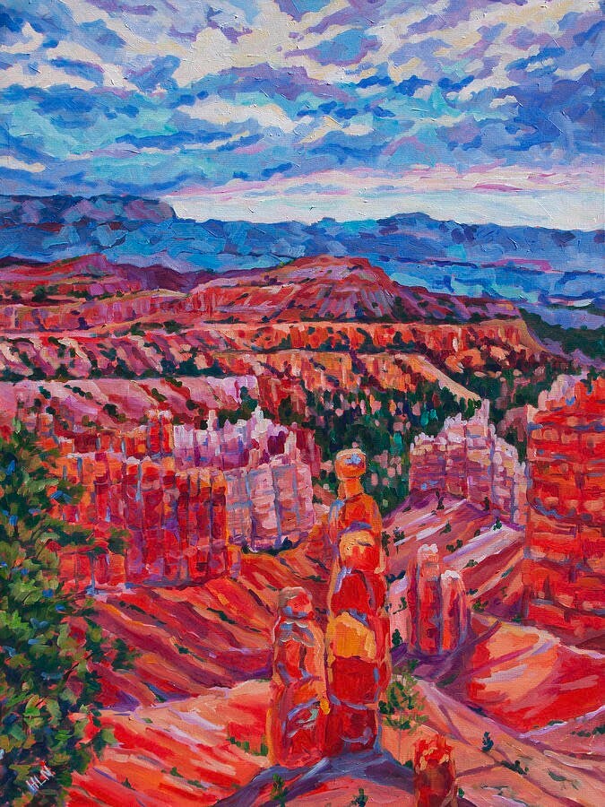 Original vibrant impressionistic painting of Thor's Hammer in Bryce Canyon National Park in Utah with dramatic lighting