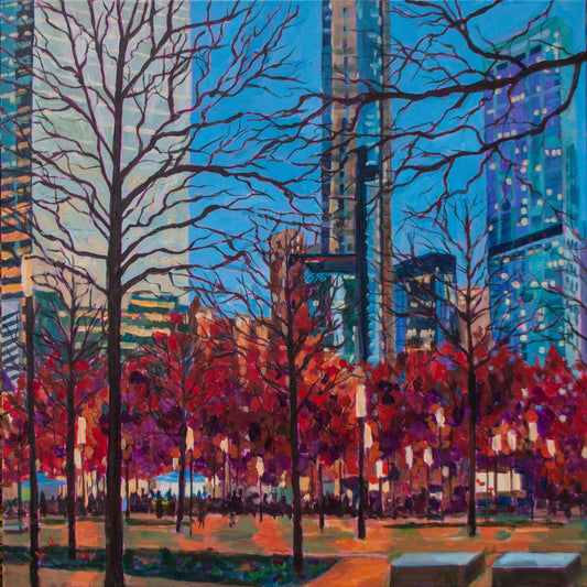 Painting of Memorial Park at ground Zero in lower Manhattan New York city at dusk with fall trees