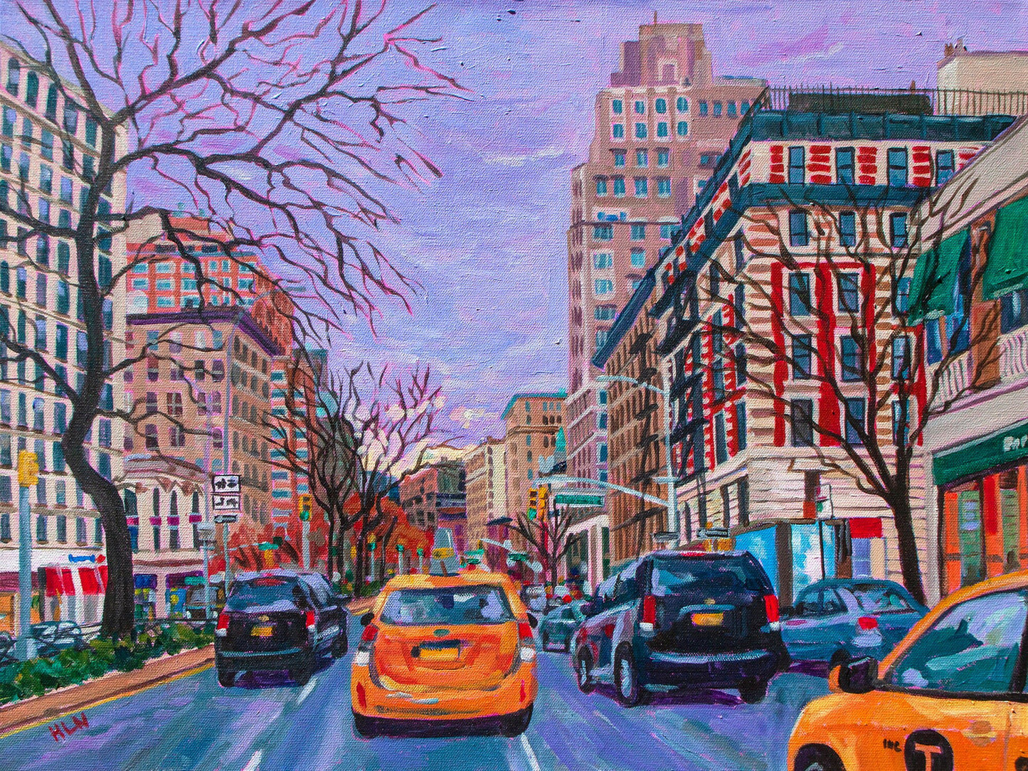 Painting of NYC street view of Broadway with cars and taxis in winter
