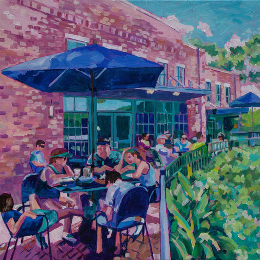 Vibrant impressionist square painting of charming small town Winter Garden Florida with people outside eating and teal umbrellas on Plant Street downtown