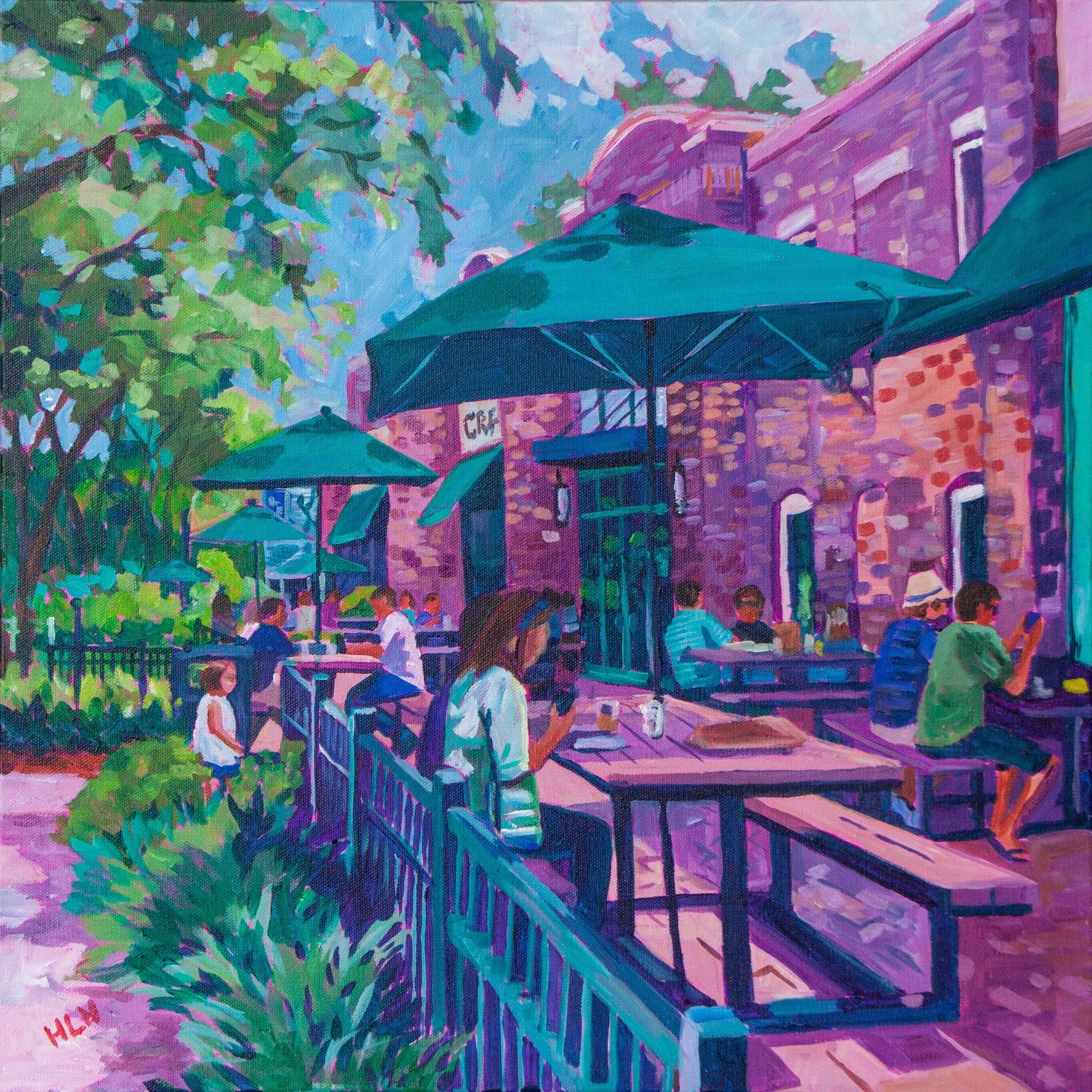 Vibrant impressionist square painting of charming small town Winter Garden Florida with people outside eating and teal umbrellas on Plant Street downtown