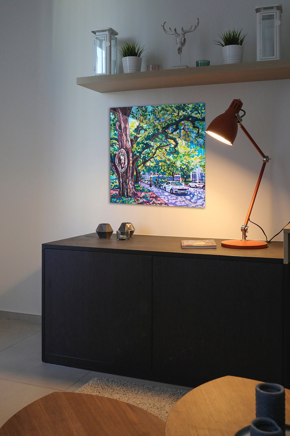 painting of tree along lake eola park in downtown orlando on wall by dresser