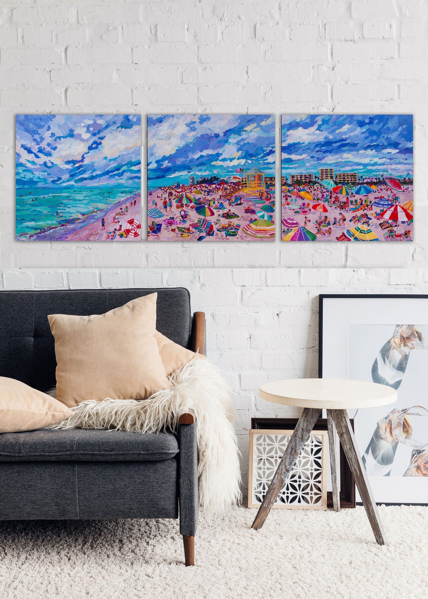 Coastal beaching triptych painting in living room