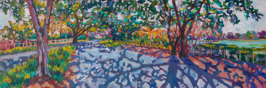 Impressionist panoramic painting mature oak trees line street with dramatic shadows at golden hour