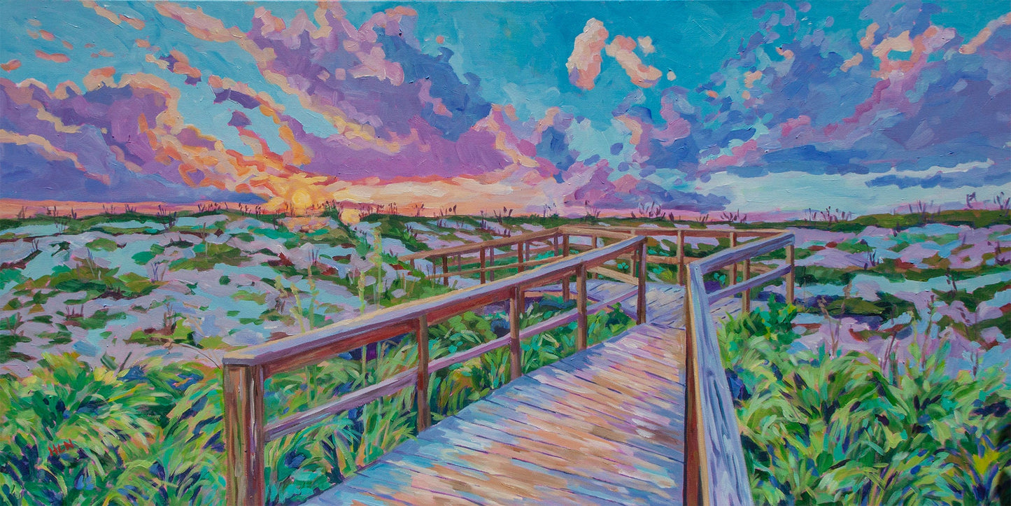 Original vibrant impressionistic panoramic painting of sunset over the boardwalk leading through the dunes to the beach in St. Augustine Florida