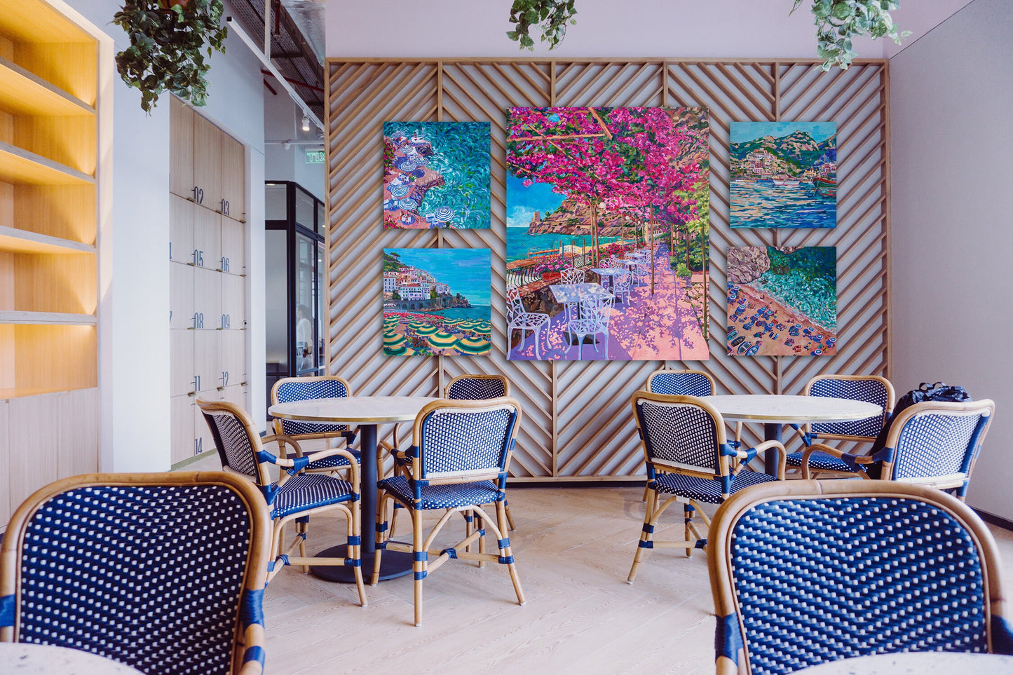5 Amalfi Coast of Italy paintings in a cafe setting