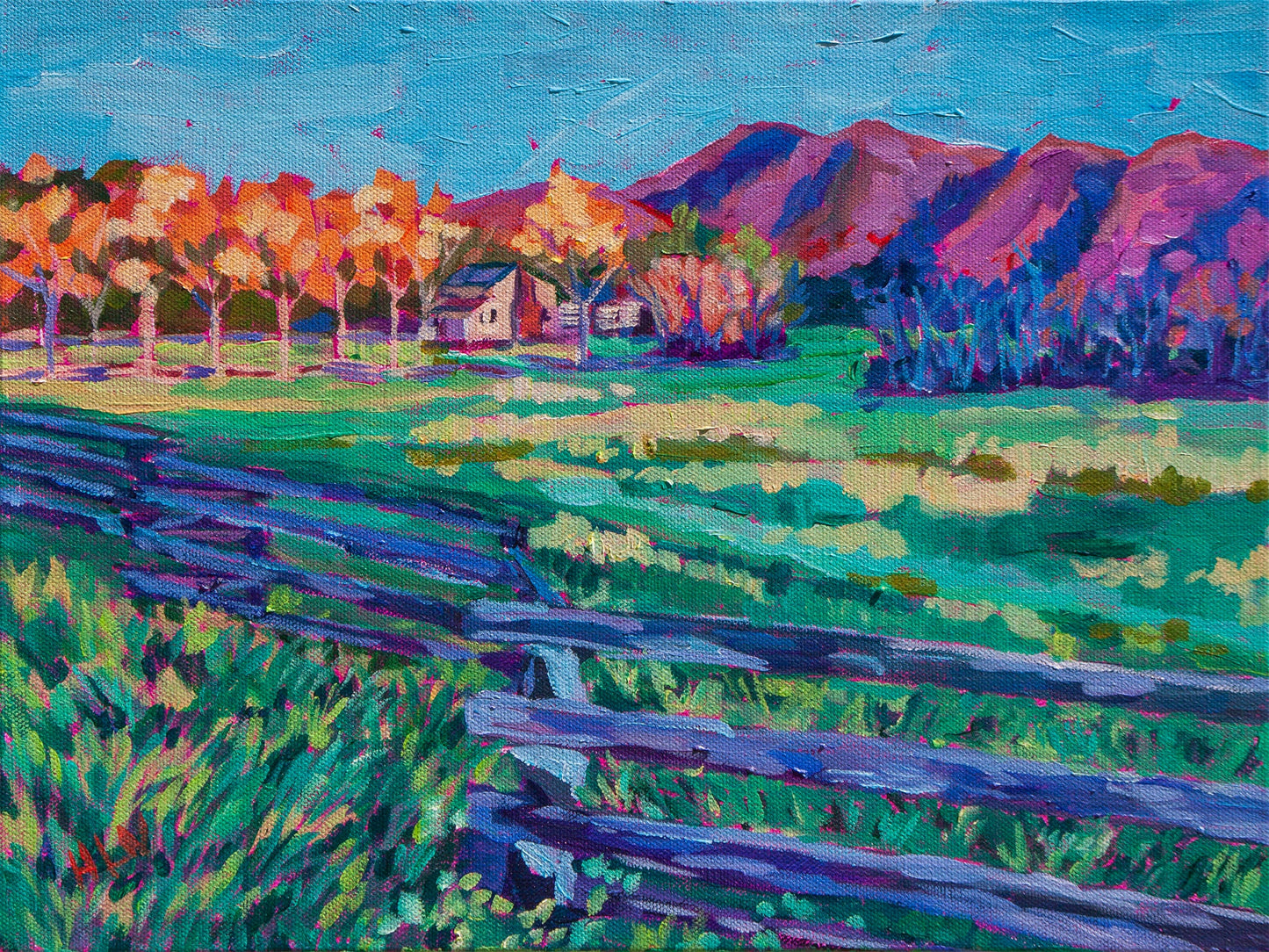Original vibrant impressionistic painting of a meadow area in the Smoky Mountain National Park with old homestead and fence