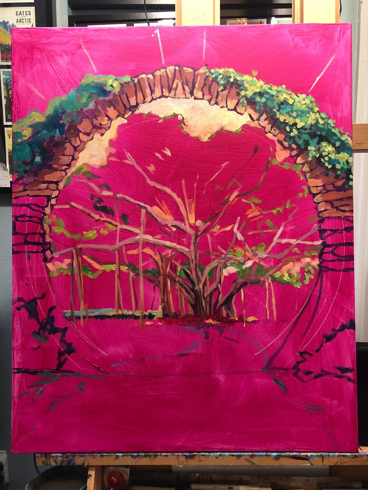 start of the painting with a rough sketch on a magenta background