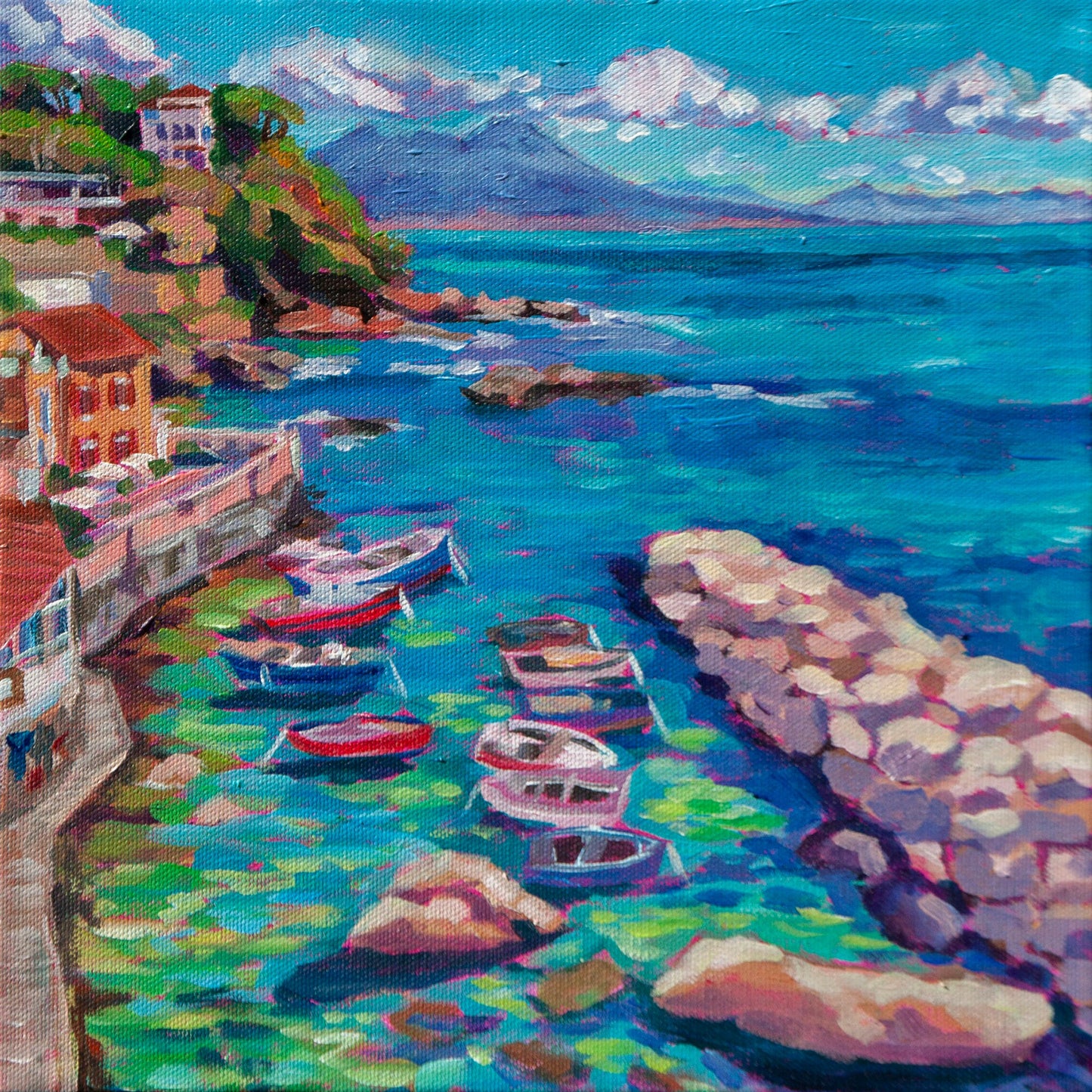 Italy painting with water boats and Mount Vesuvius in background