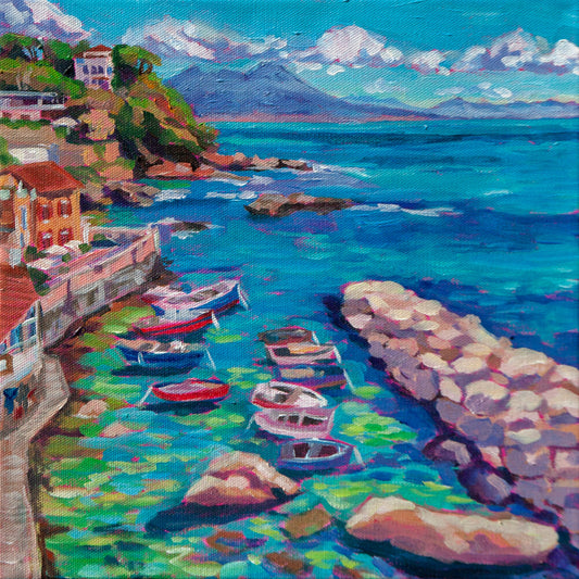 Italy painting with water boats and Mount Vesuvius in background