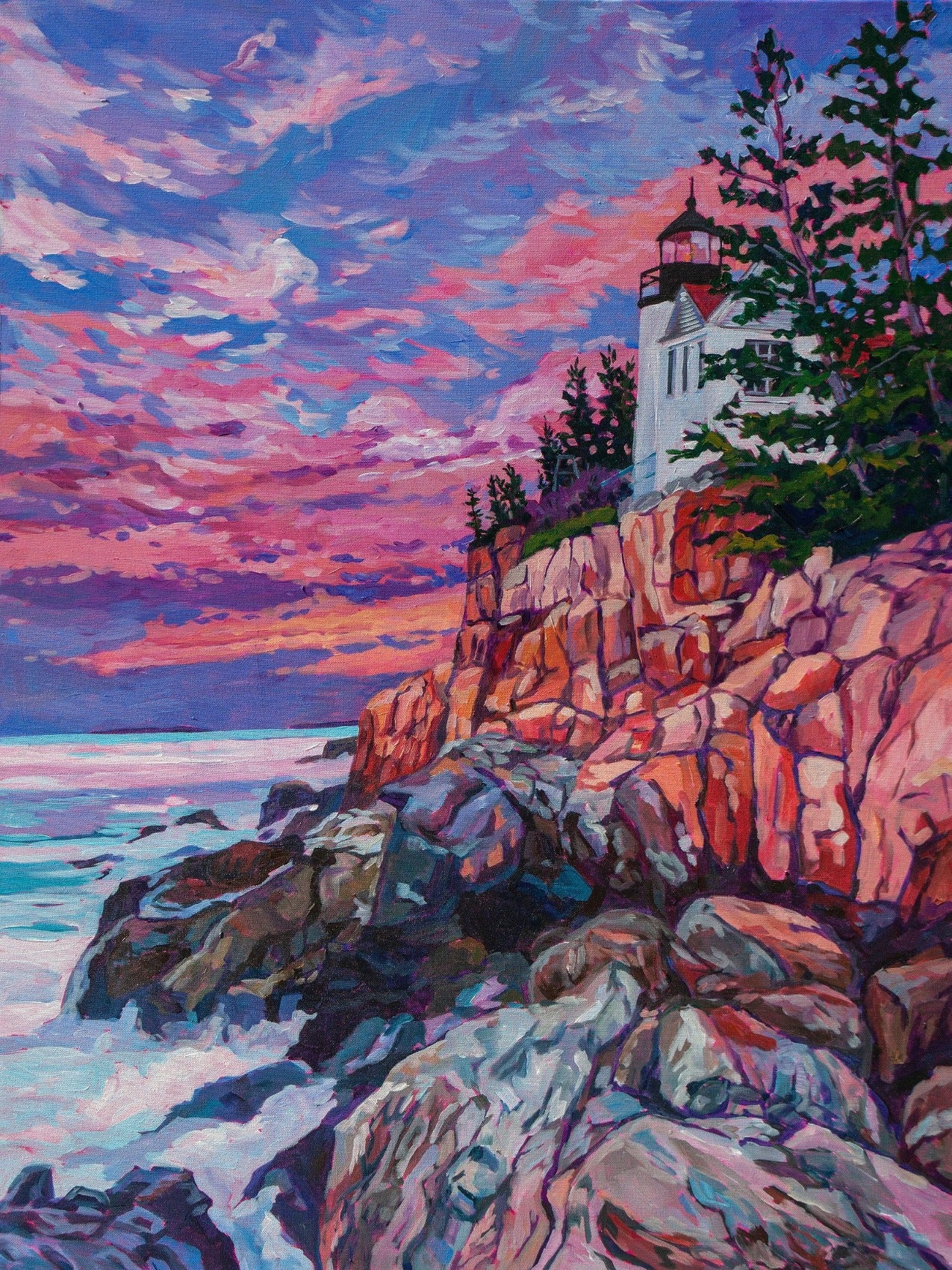 Sunrise Painting of Bass Harbor Lighthouse on the cliffside in Acadia National Park on Mount Desert Island