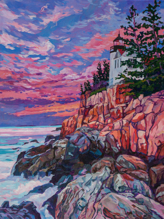 Sunrise Painting of Bass Harbor Lighthouse on the cliffside in Acadia National Park on Mount Desert Island