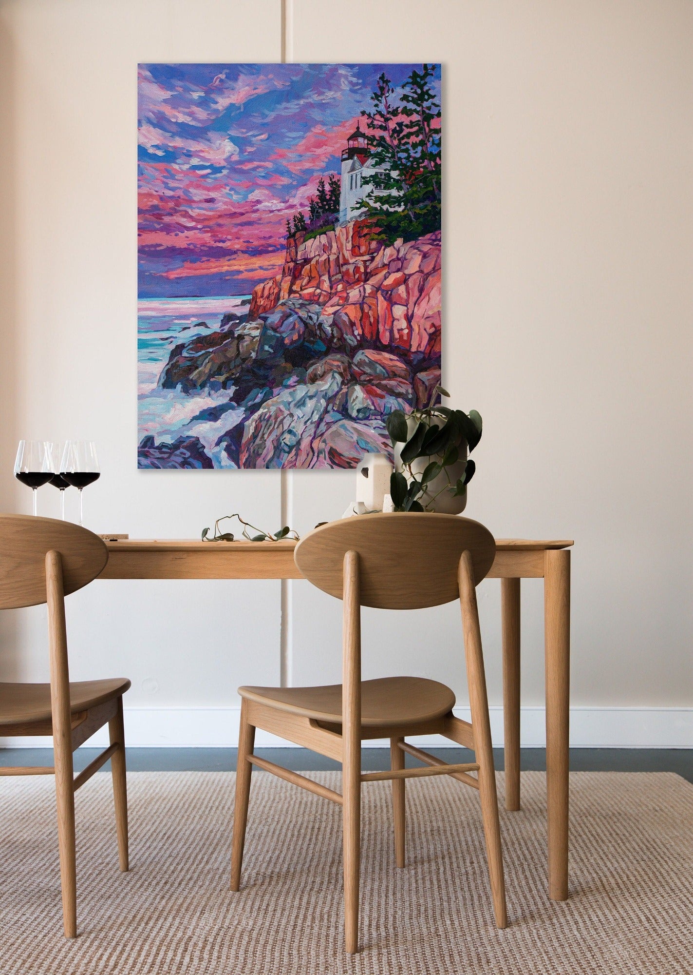 Bass Harbor lighthouse painting in kitchen