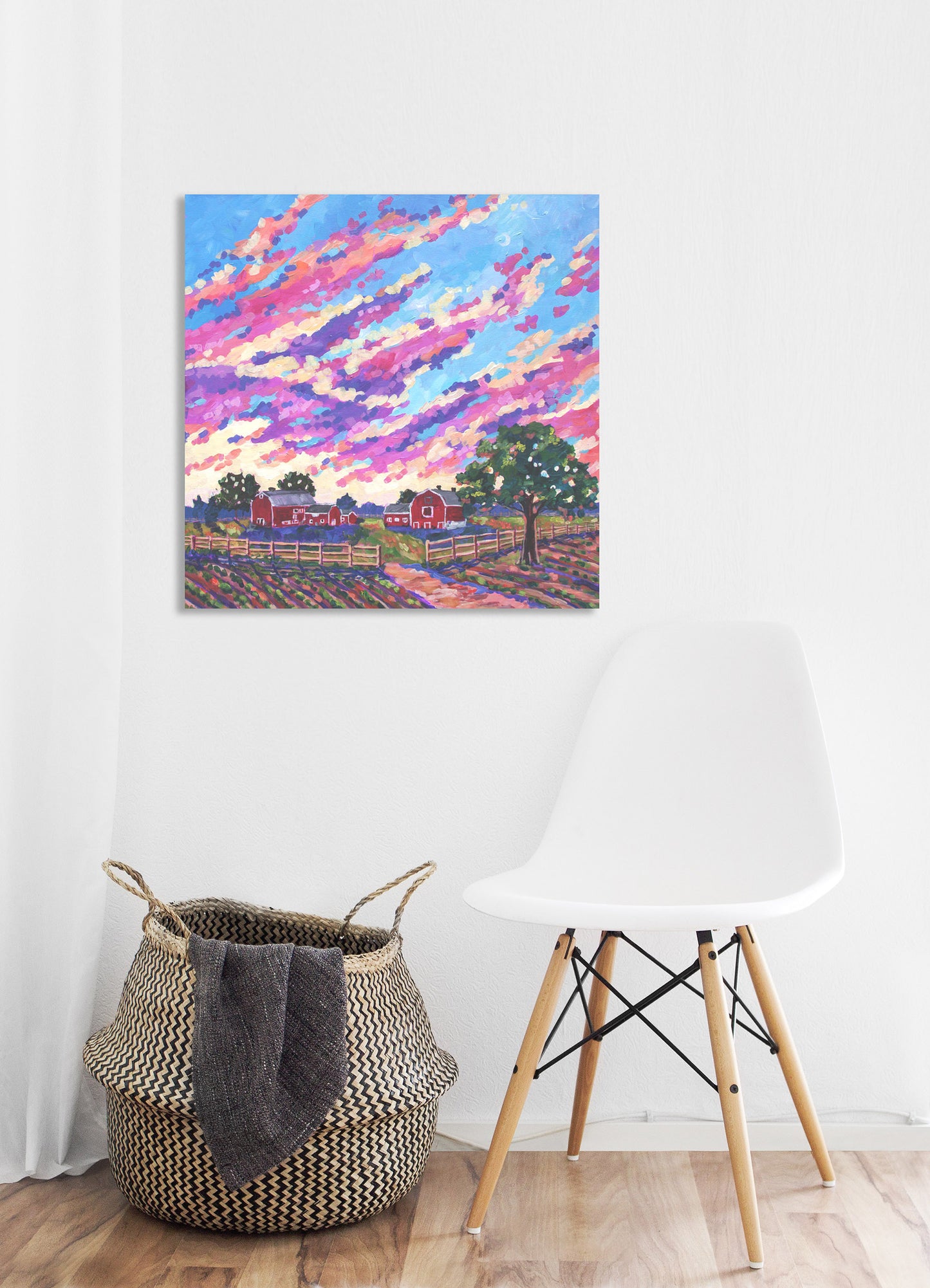 Knox farm painting on wall with chair and basket