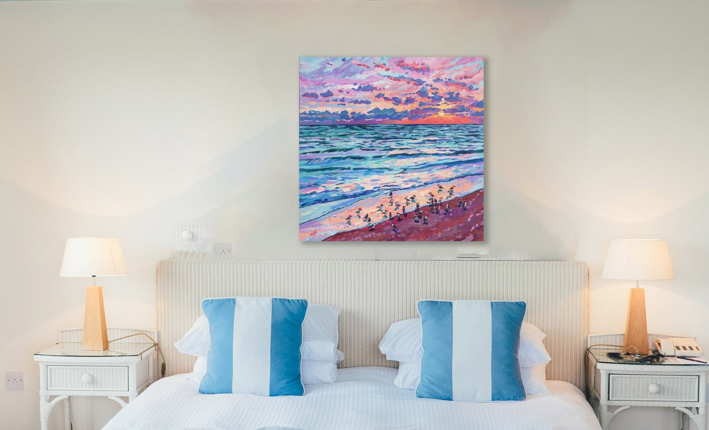 morning meet up painting in bedroom above headboard
