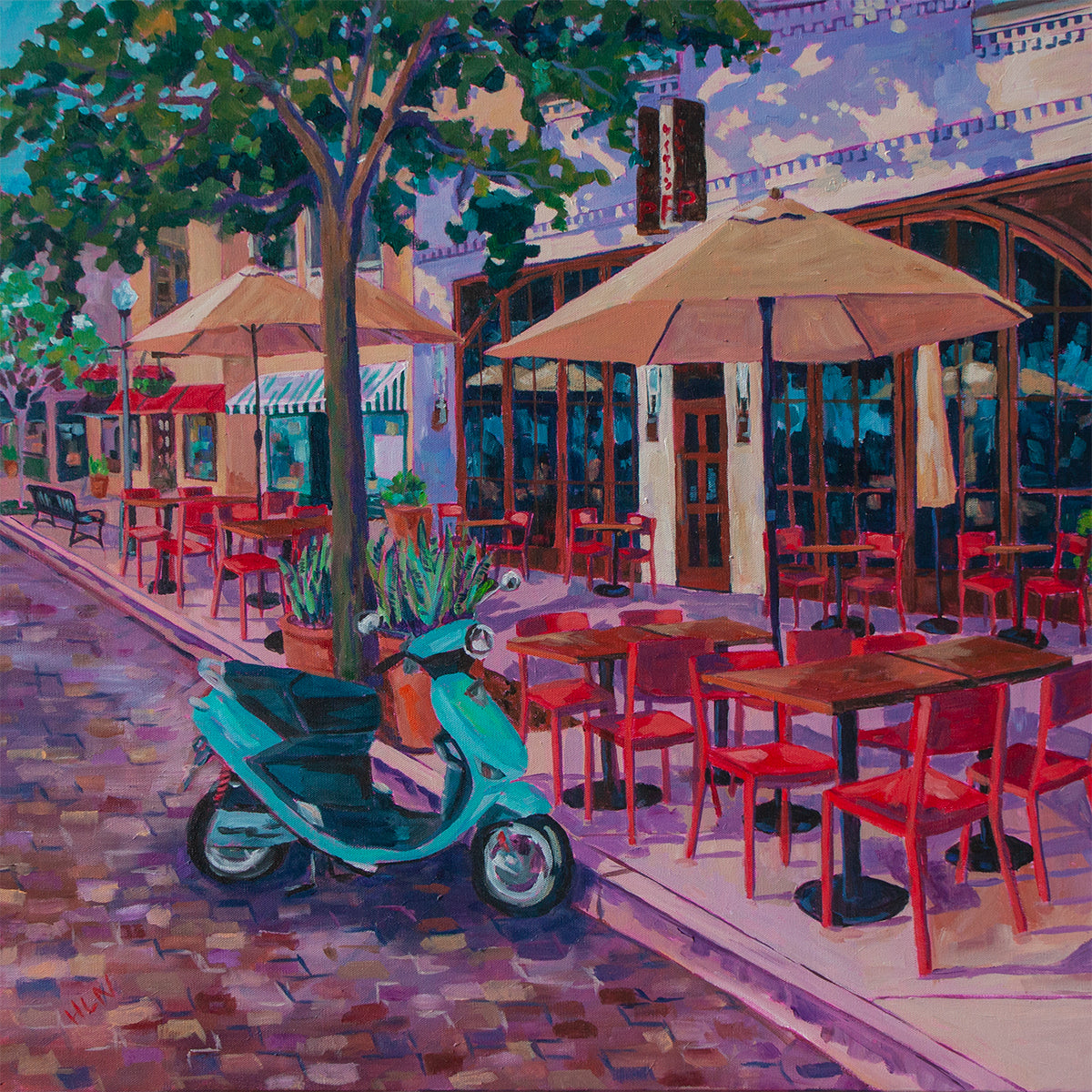 Original vibrant impressionist painting of street scene Winter Park in front of Prato restaurant during covid, so all chairs are empty, also has umbrellas and teal vespa scooter