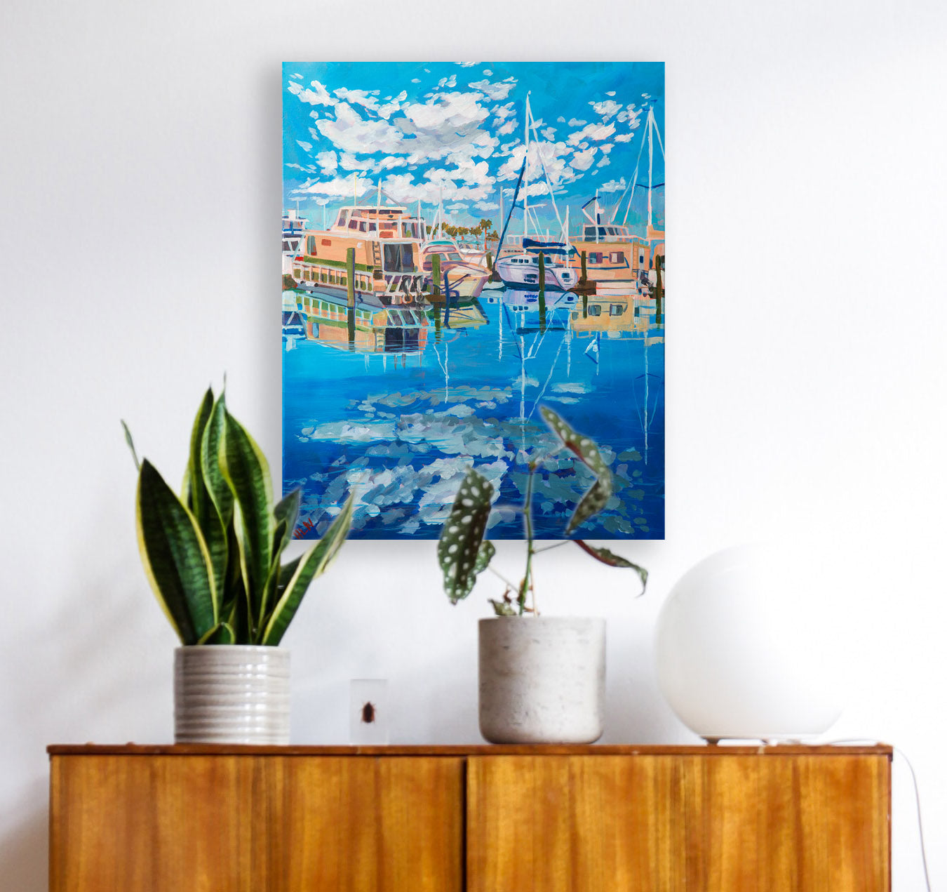 Lake Monroe Harbor Marina painting with plants and dresser