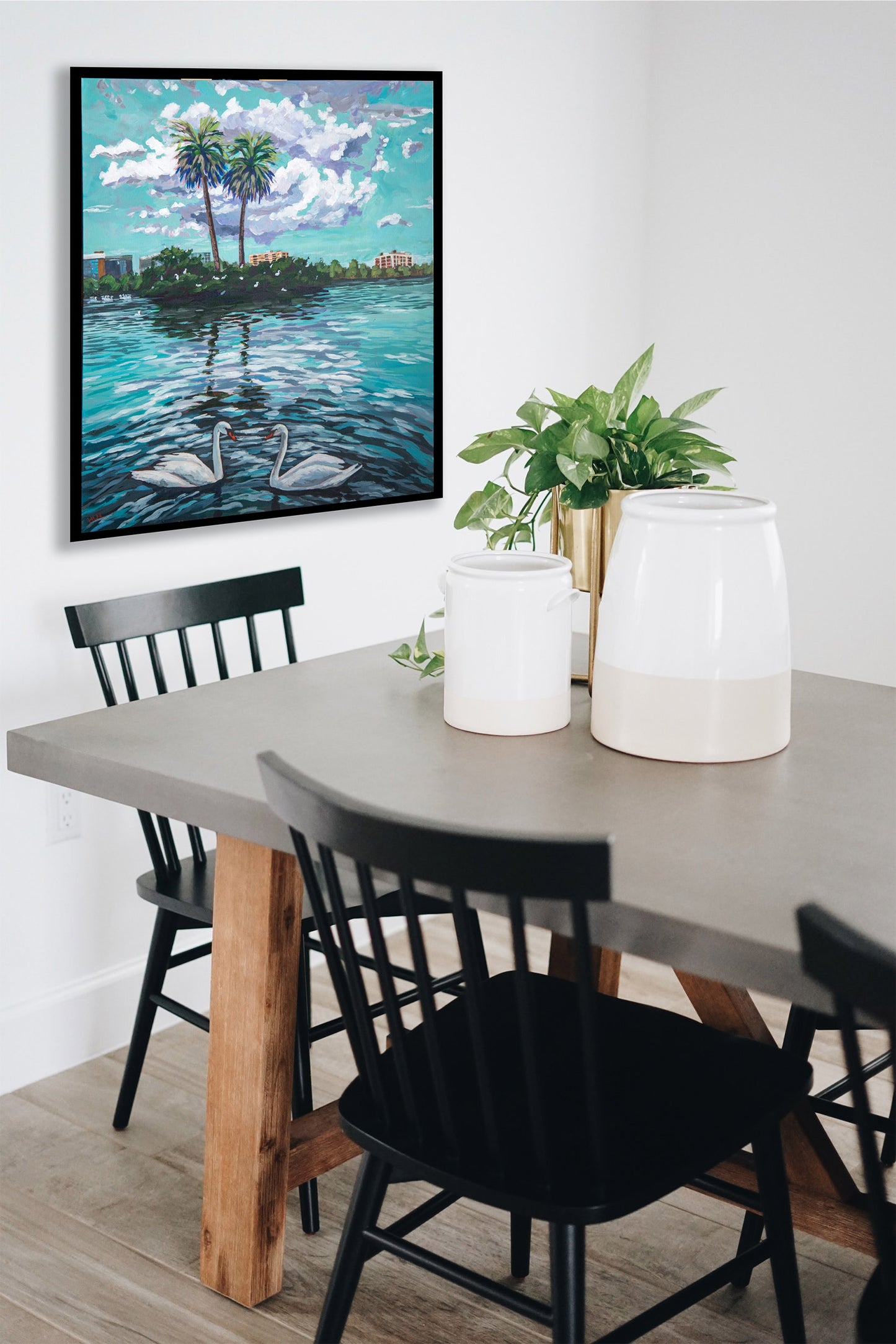 Painting Shalom on wall with kitchen table