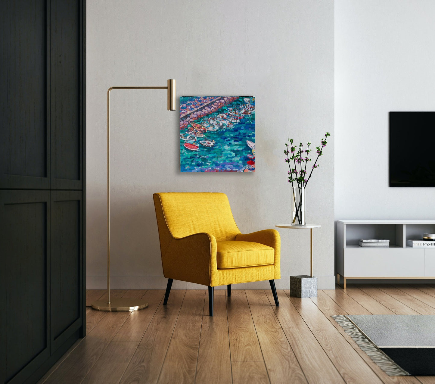 impressionist painting of sorrento harbor in living room with chair and table