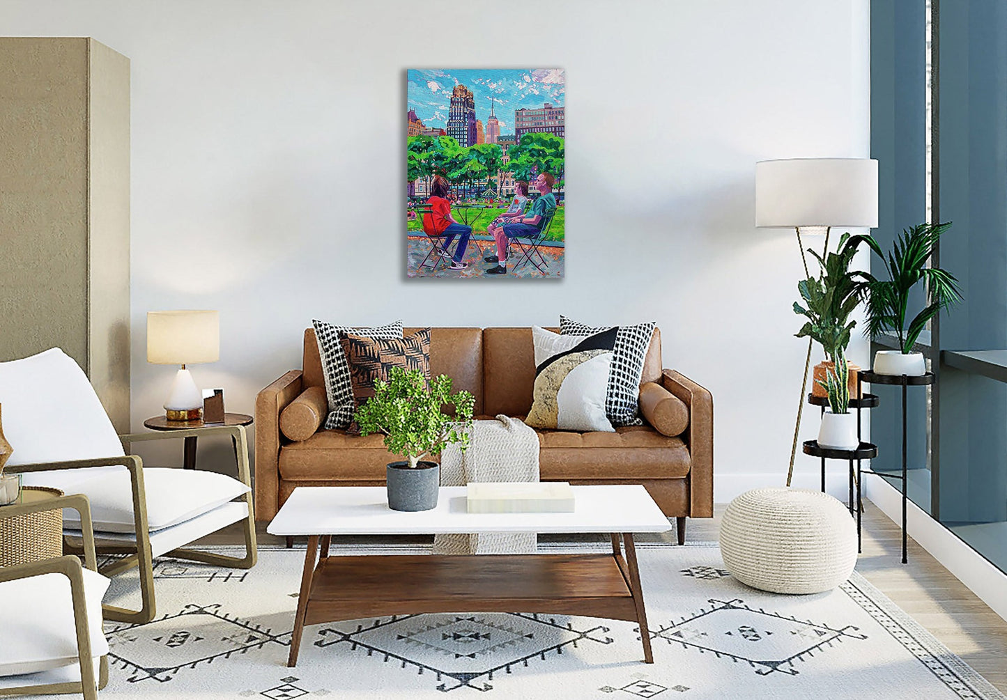 Painting of Bryant Park NYC on wall of a neutral colored living room