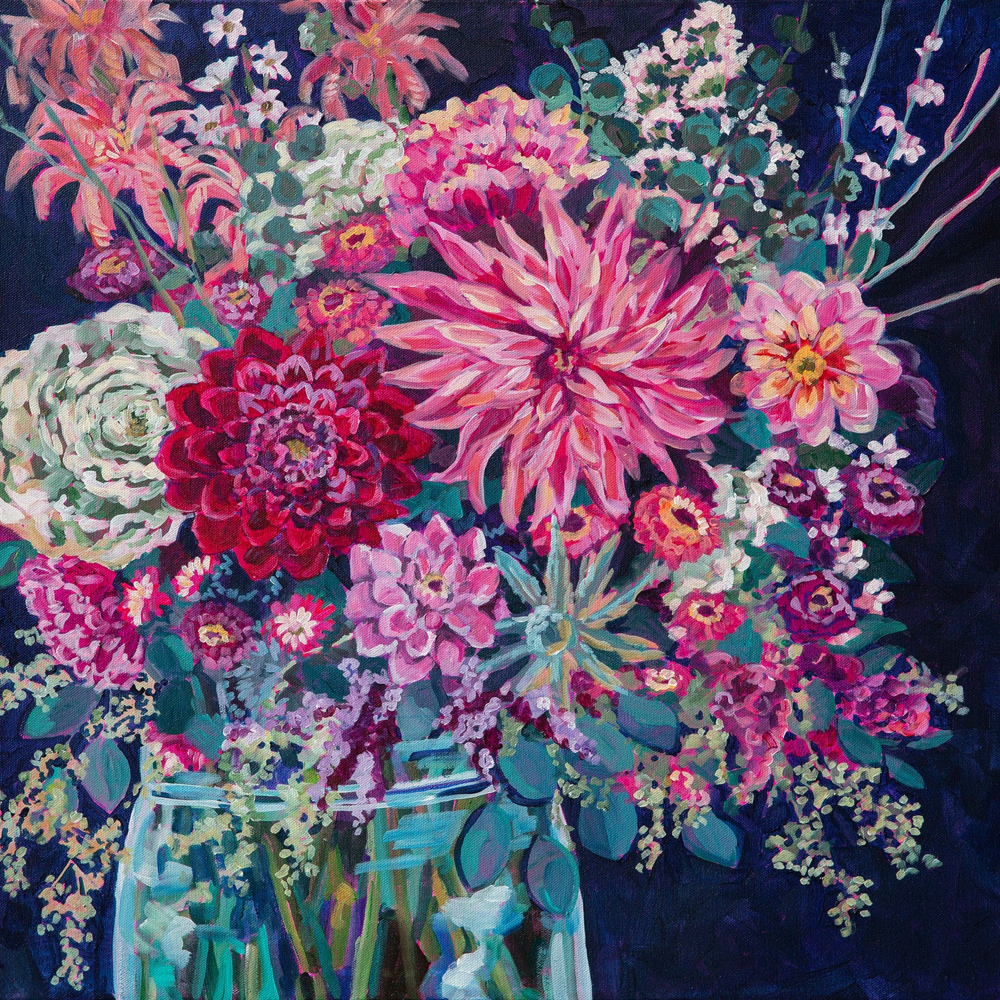 Modern flower arrangement still life painting done with painterly fashion and cheerful colors, lots of greenery and different flowers in glass vase with dark dramatic navy background in reds, pinks and greens looks like could be a Christmas arrangement.