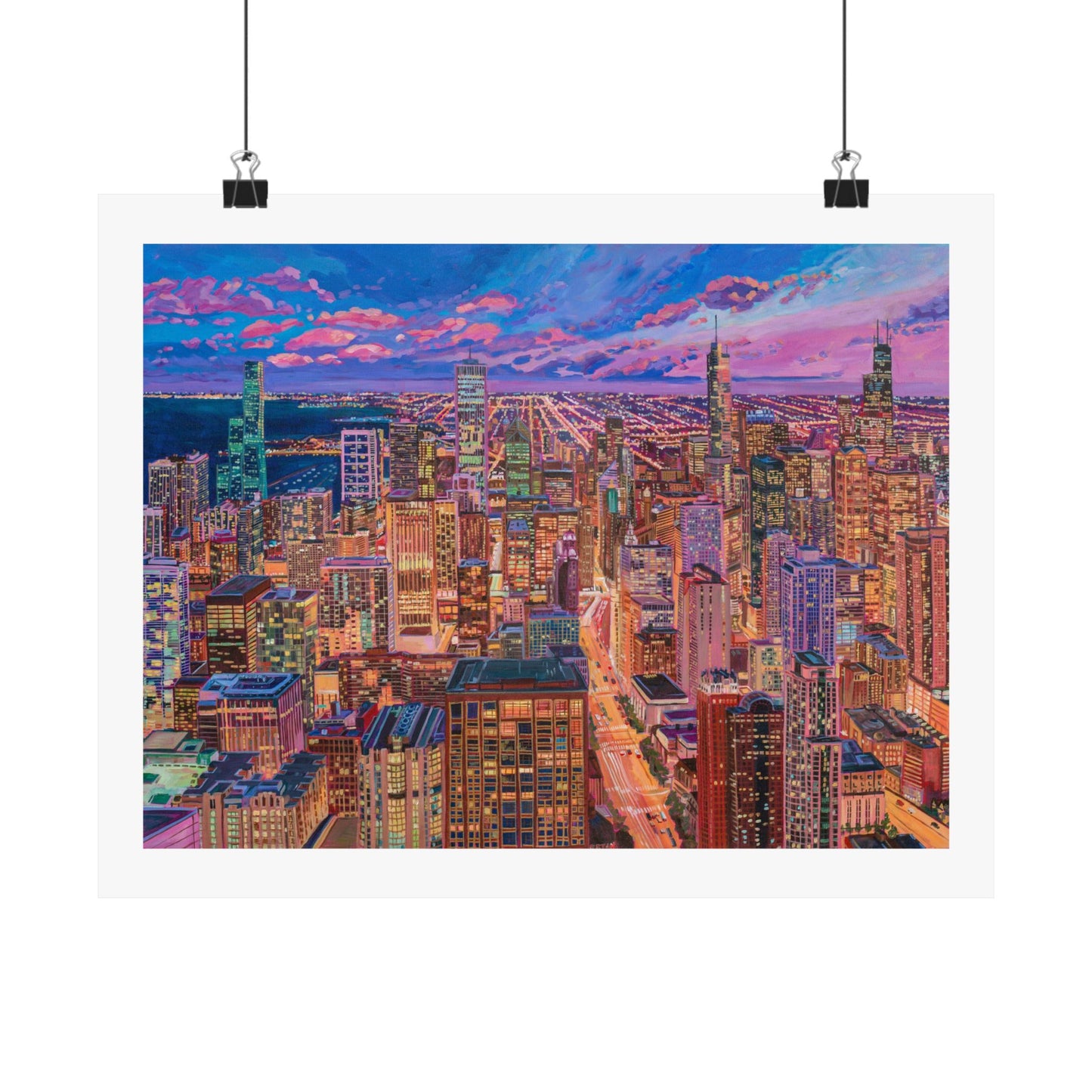 Night skyline Chicago—Matte Horizontal Fine Art Poster Reproductions