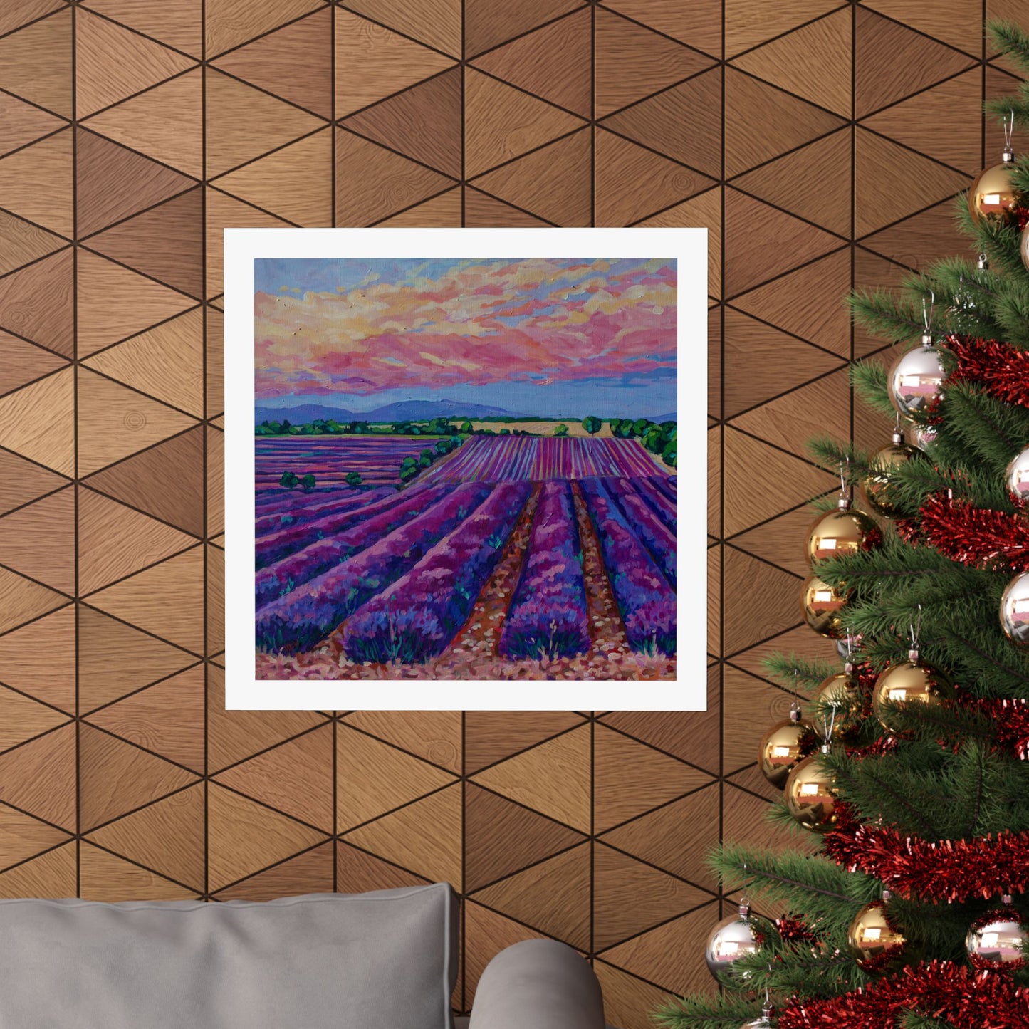 Sunset over the Lavender field— Matte Paper Poster Reproduction