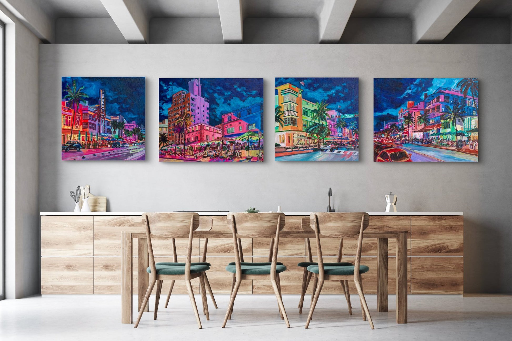 grouping of 4 bold street scenes of iconic art deo Miami in a modern dining room with light wood table and chairs.